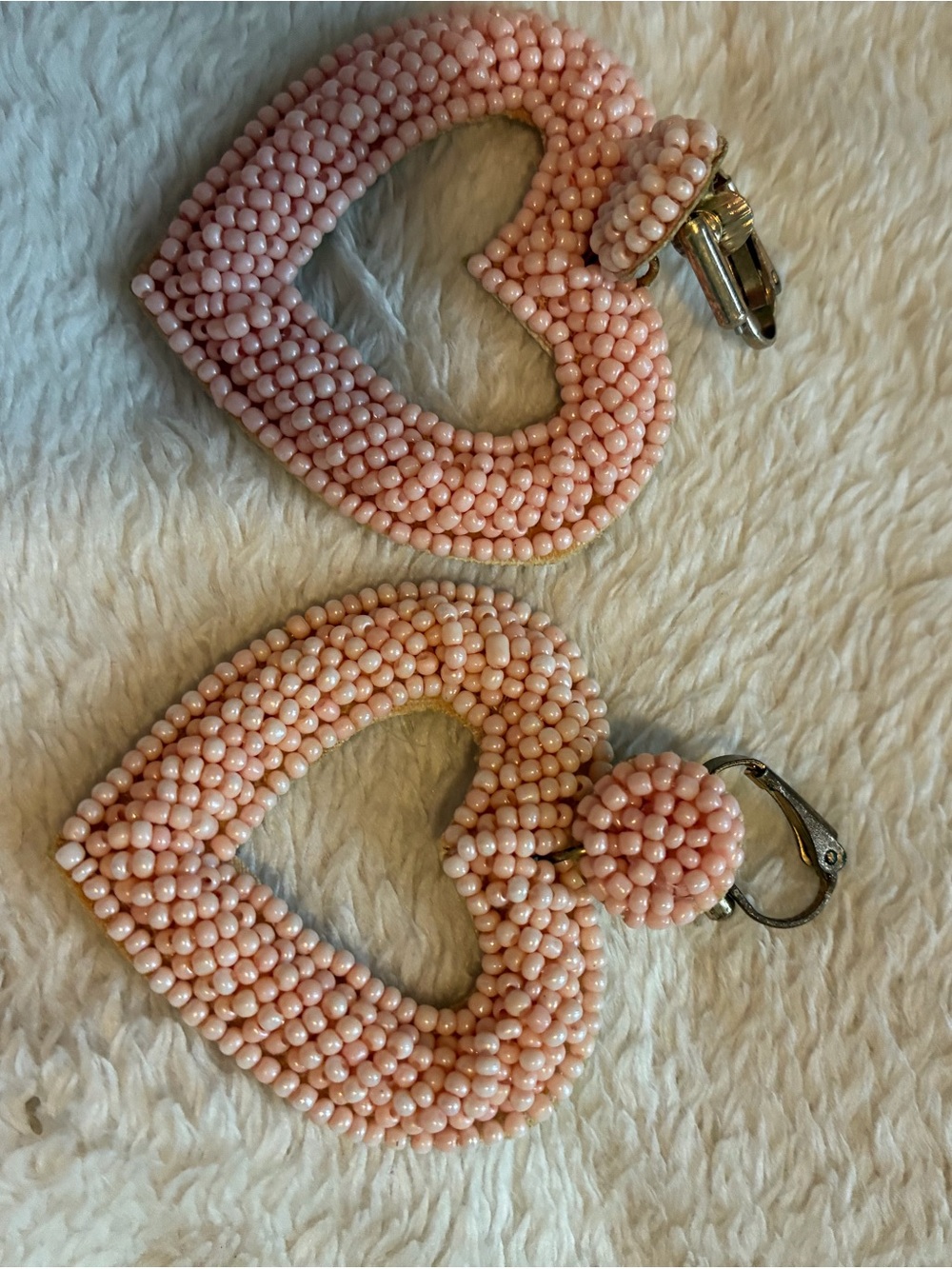 Pink Beaded Heart Clip-On Earrings